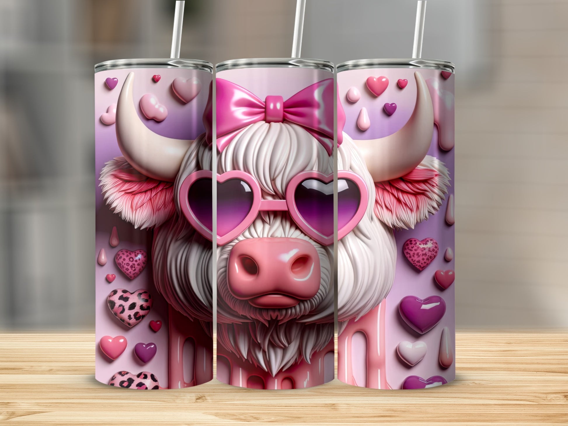 Pink cow with heart sunglasses and bow on tumblers.