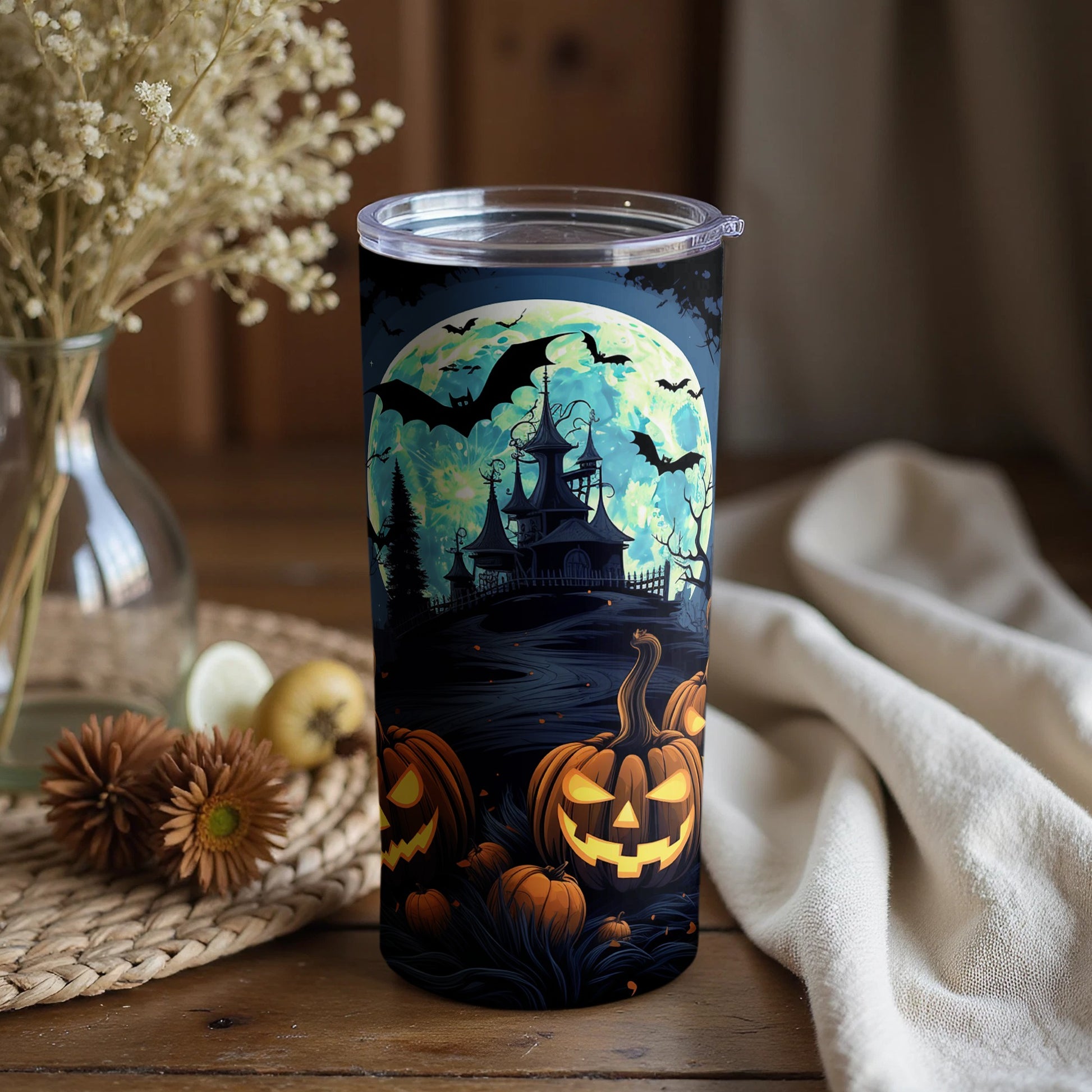 Spooky Halloween Theme Tumbler With Pumpkins and Bats