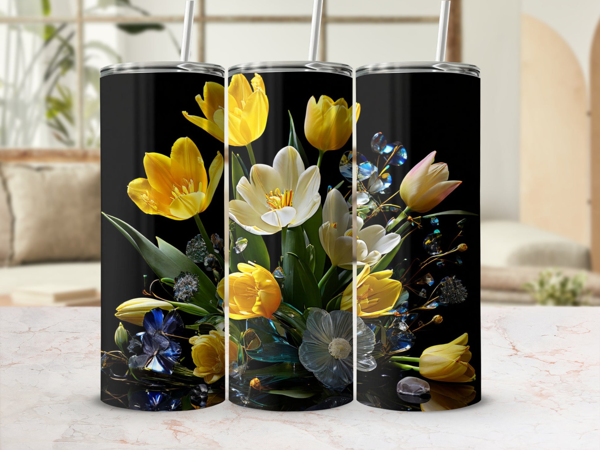 Tumblers with a bright yellow and white tulip bouquet design.