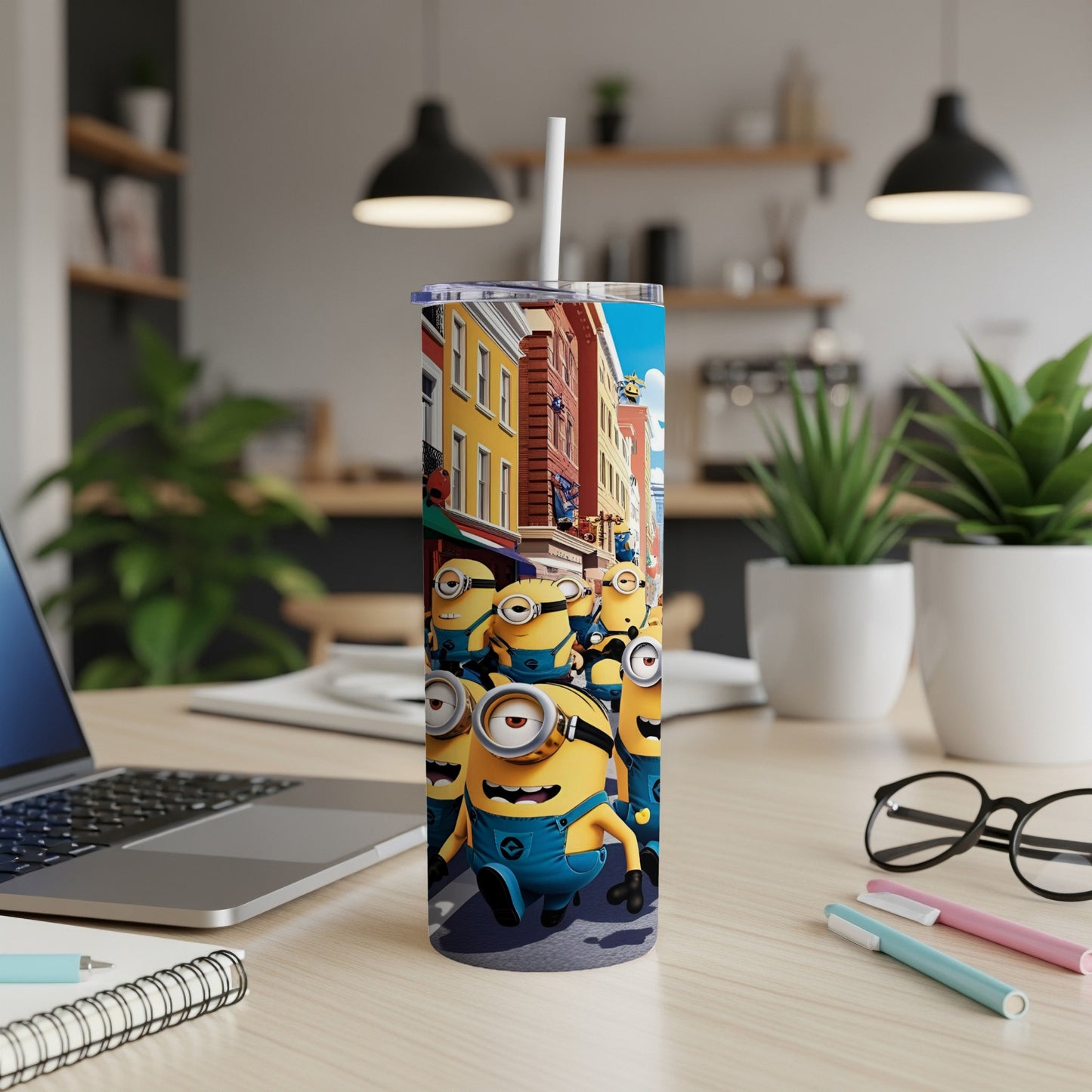 Minions walking down a colorful city street on a tall tumbler.