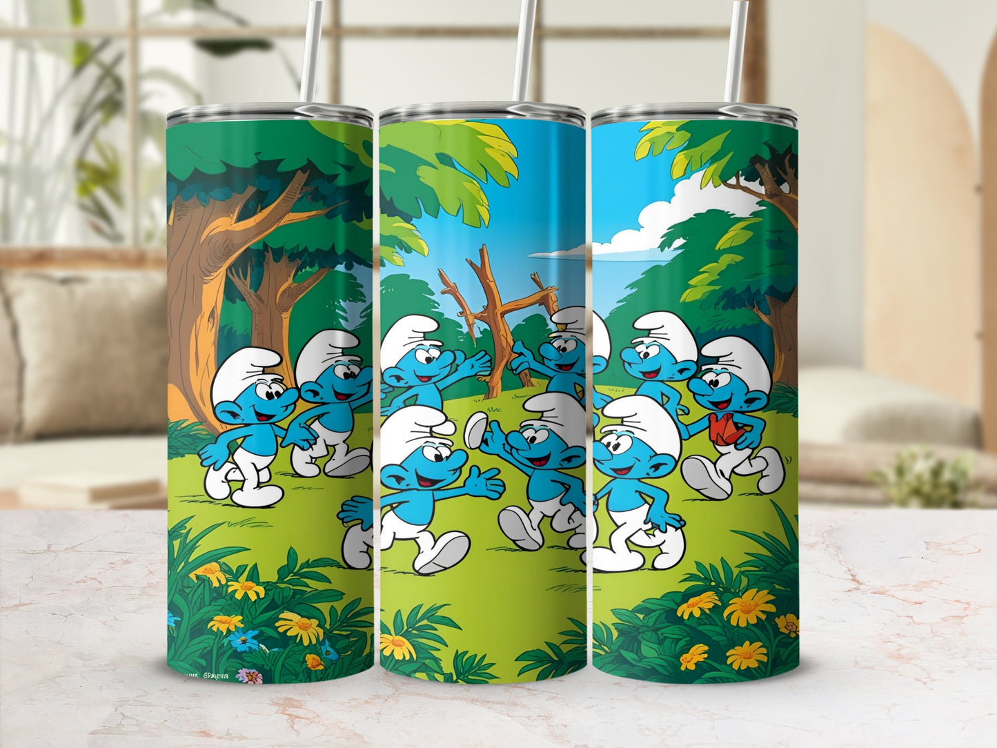 Smurfs characters in a playful outdoor scene with trees and flowers.