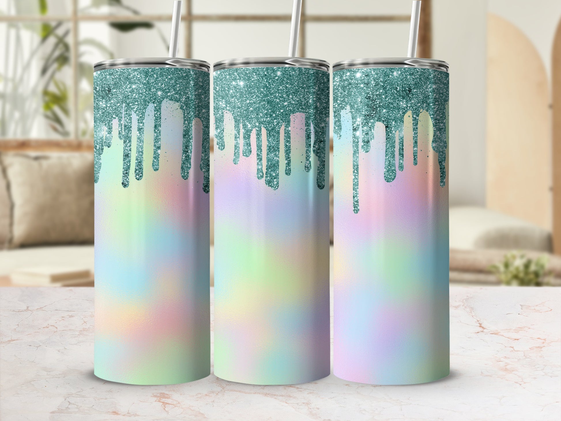 Three tall tumblers with iridescent pastel gradient and teal glitter drip top.