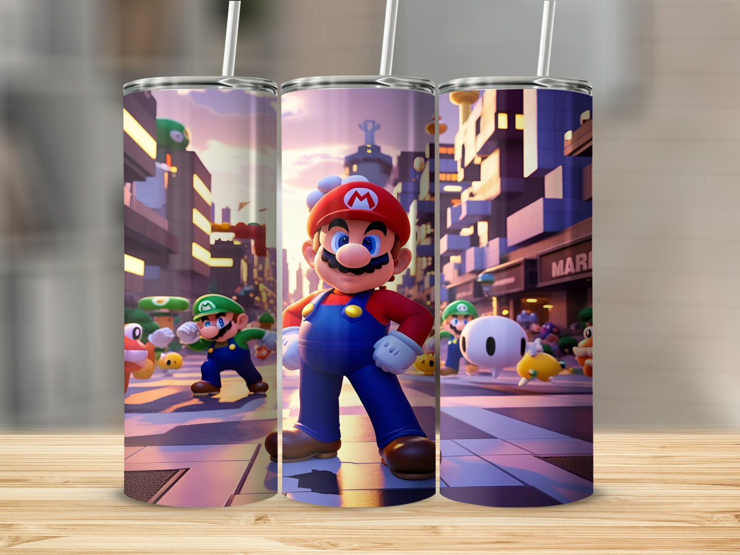Mario and Luigi in a city street with Goombas and Yoshi.