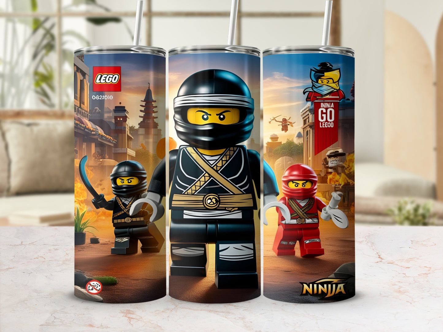 LEGO Ninjago tumbler with Kai and a black ninja character.