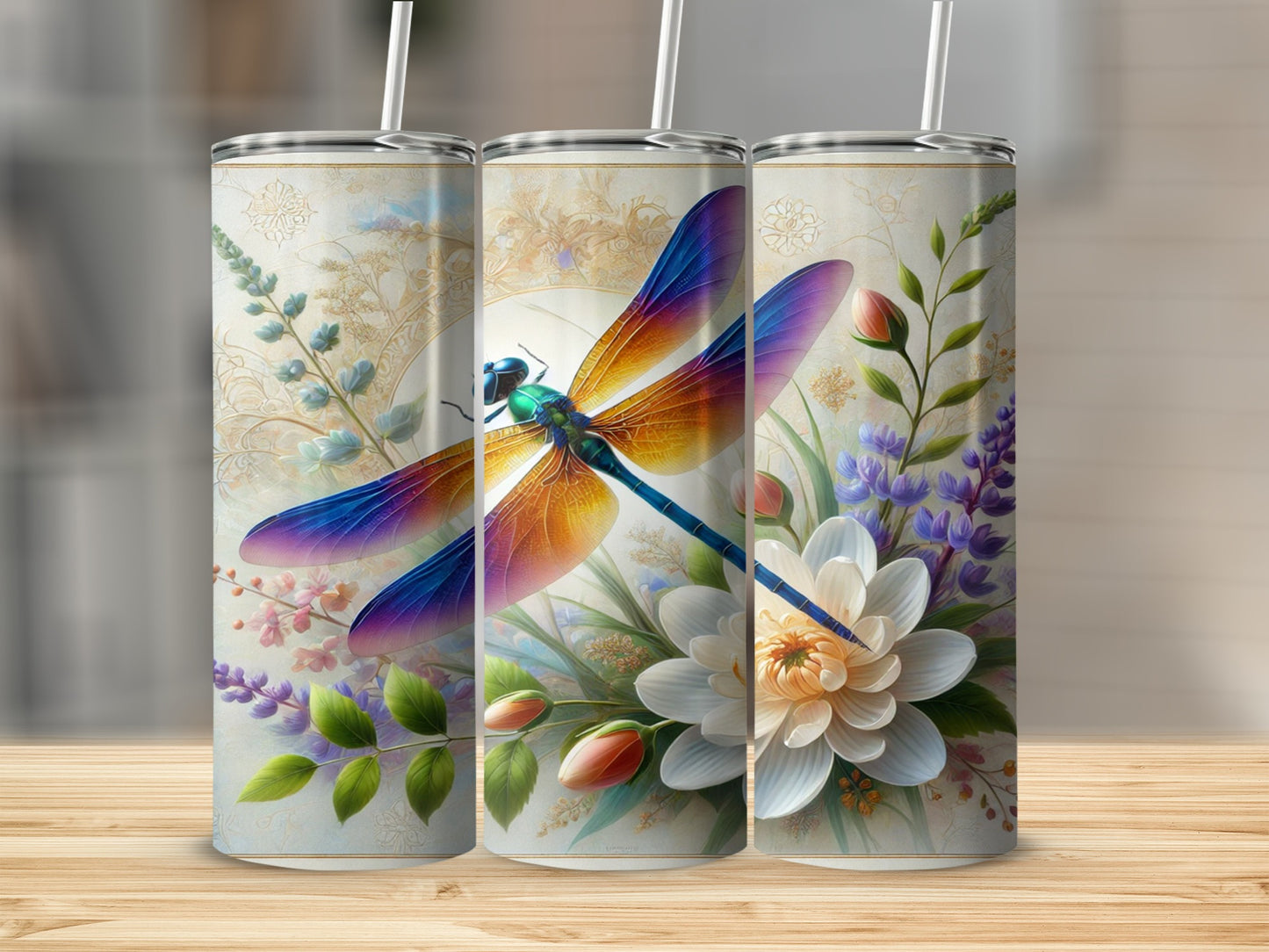 Beautiful Dragonfly and Floral Design Tumbler Cup