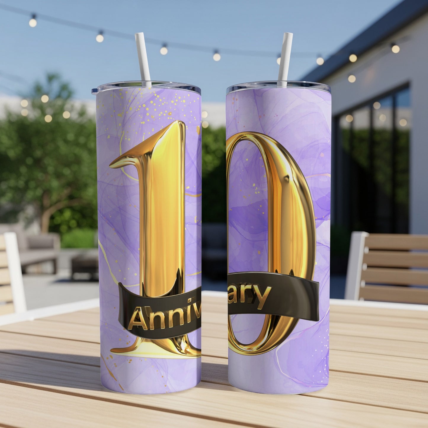 Gold "10" anniversary design on a purple marble tumbler with black ribbon.
