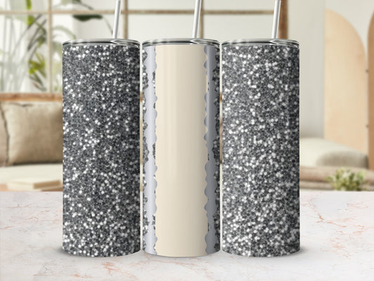Three glitter tumblers with cream and textured accents on a marble surface.