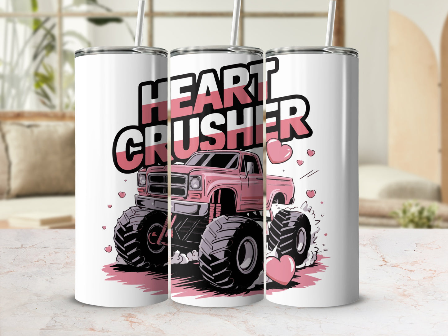 Pink monster truck with "Heart Crusher" text and hearts.
