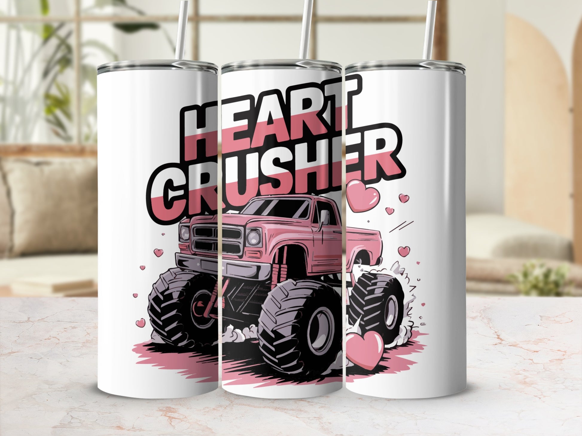 Pink monster truck with "Heart Crusher" text and hearts.