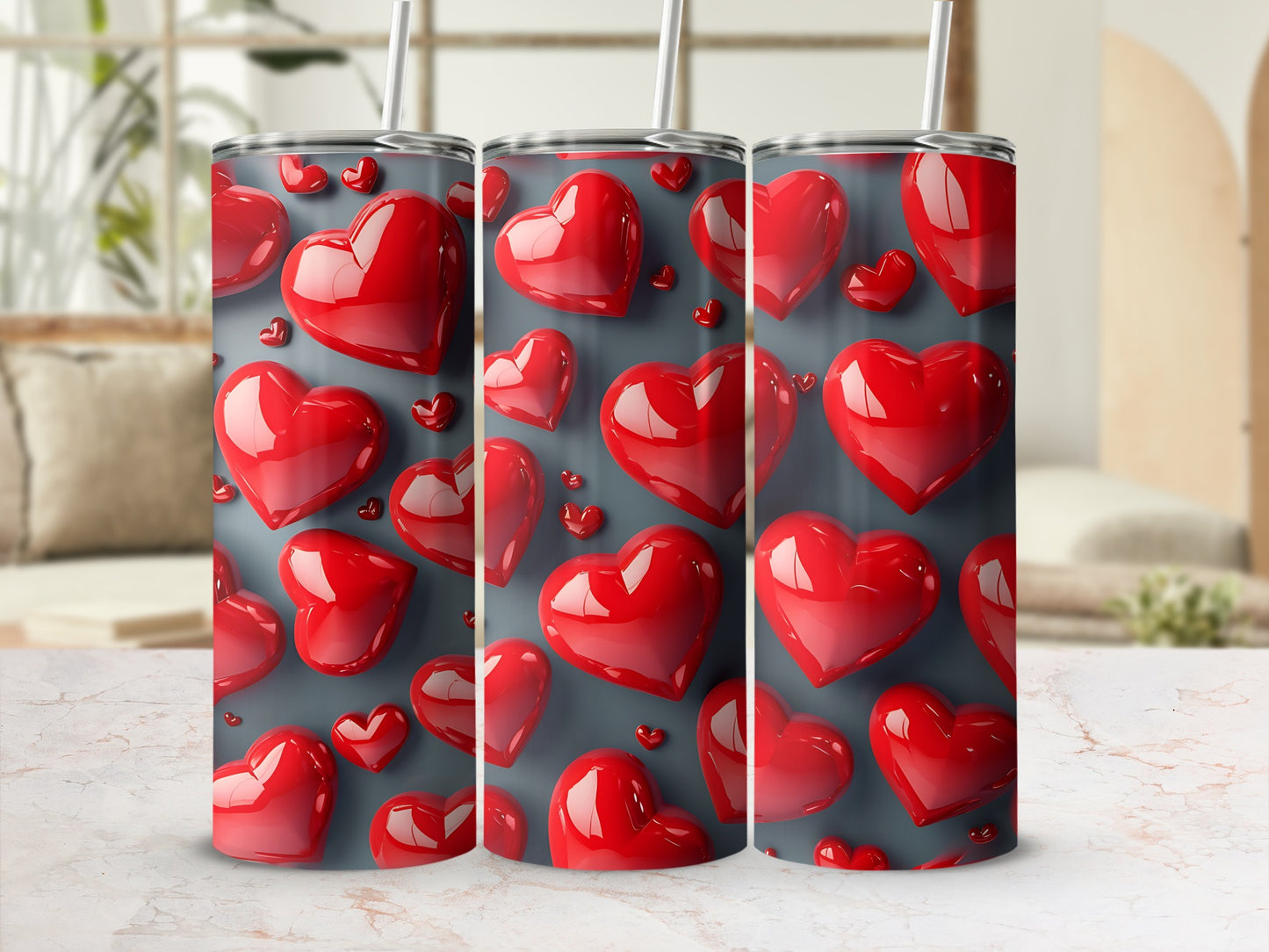 Glossy red 3D hearts grey background pattern product type
