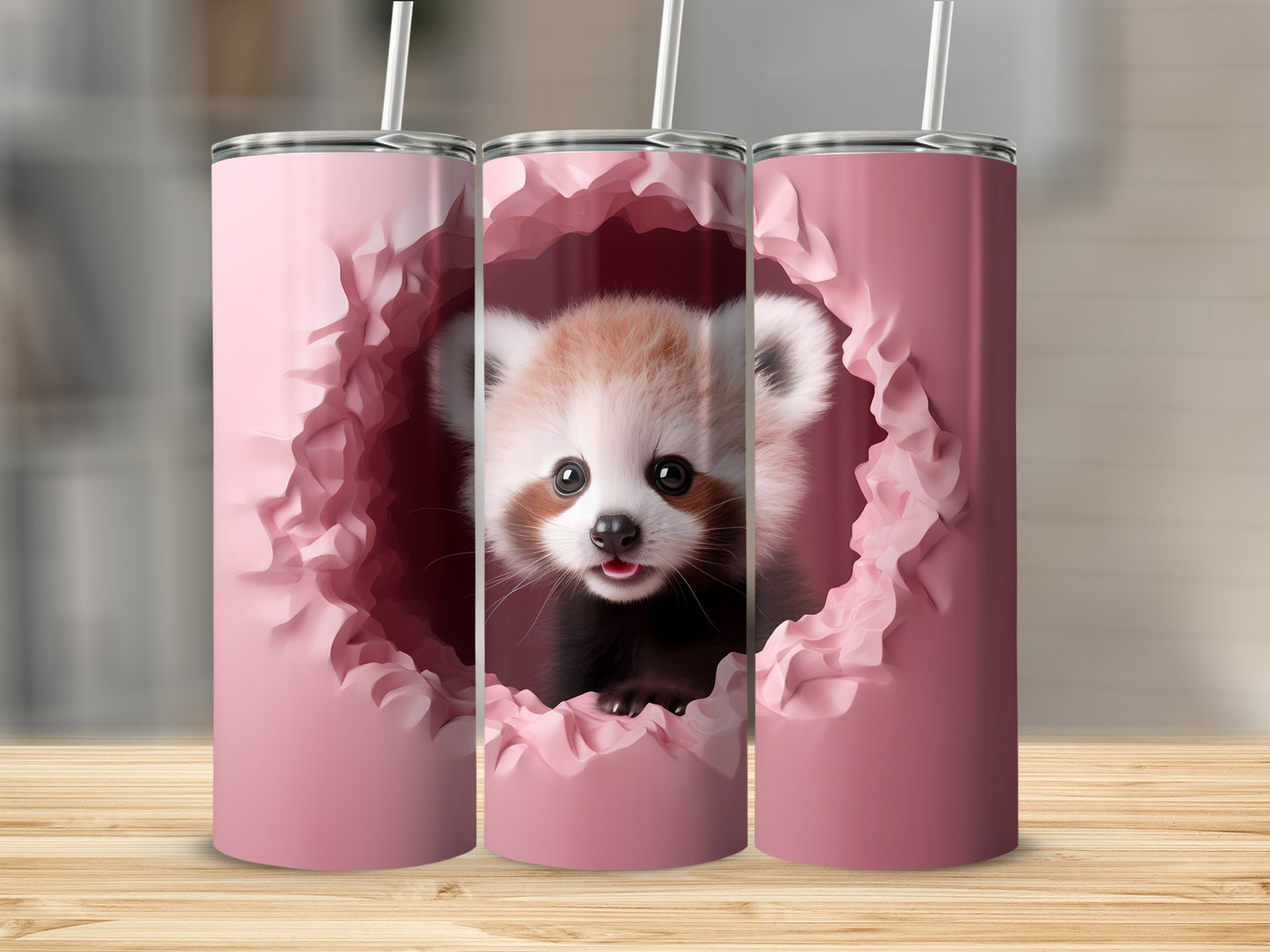 Cute Red Panda Tumbler with Pink Cracked Design