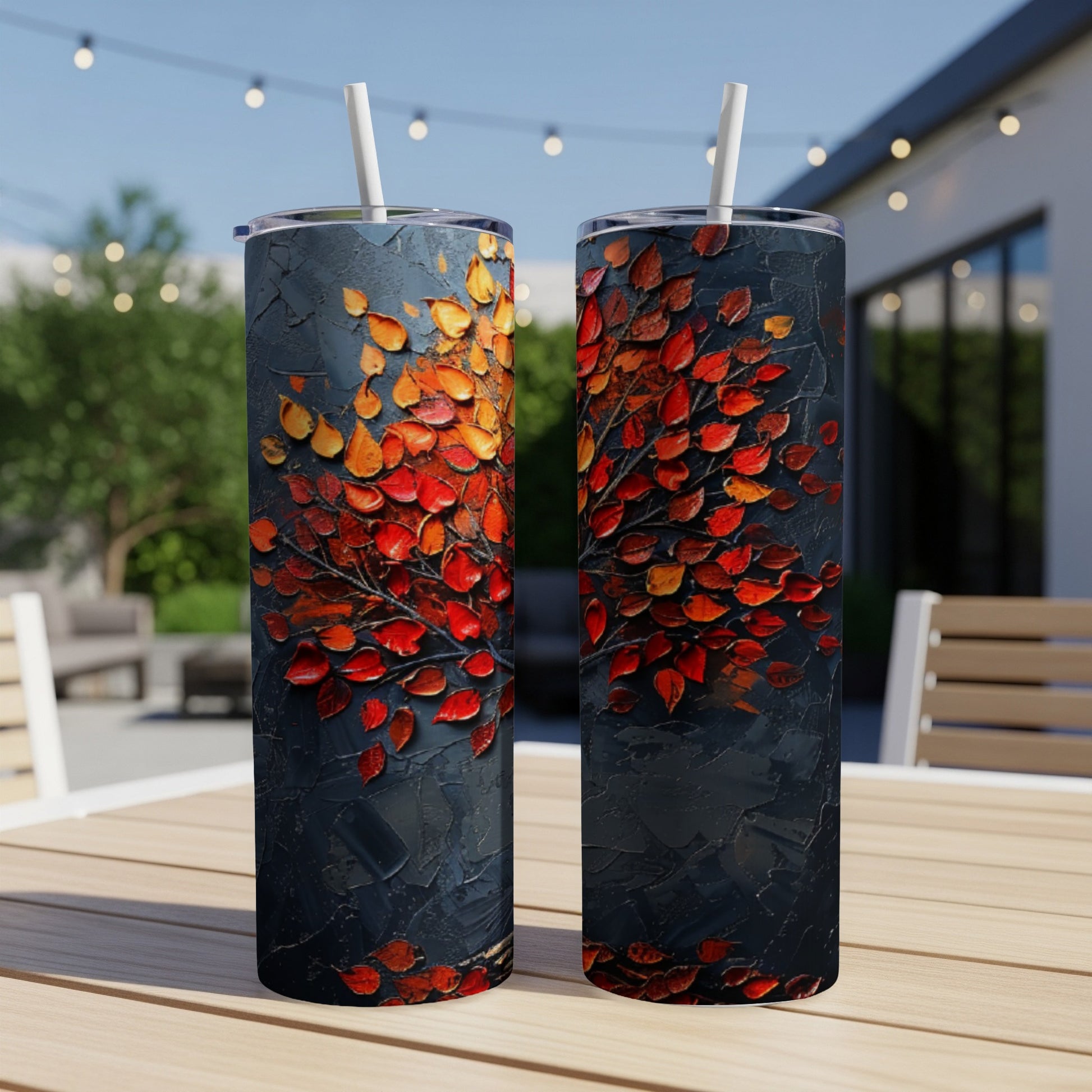 Two tumblers with a textured red and orange abstract tree design.