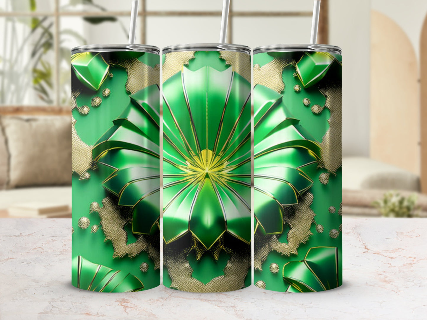 Green metallic floral pattern on tumblers with gold accents.