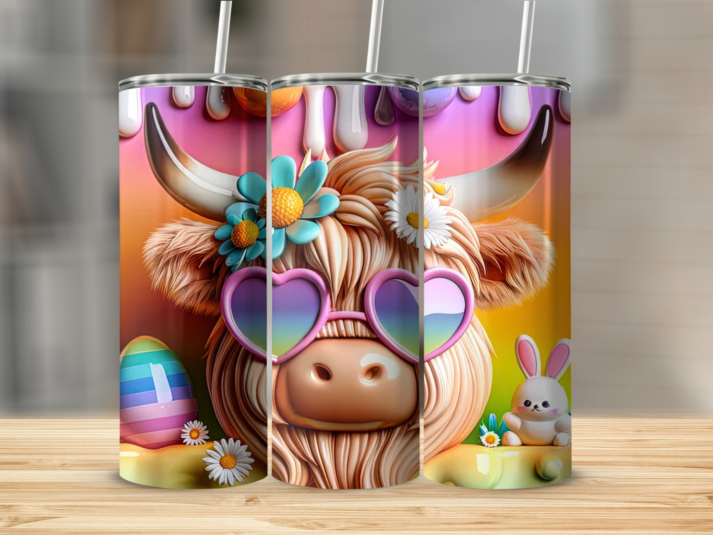 Highland cow with heart sunglasses and Easter decorations.