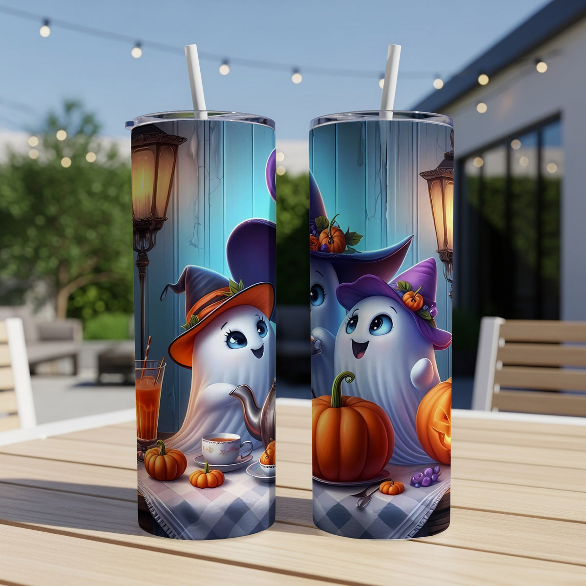 Two tumblers with cartoon ghosts wearing witch hats, pumpkins, and tea set.