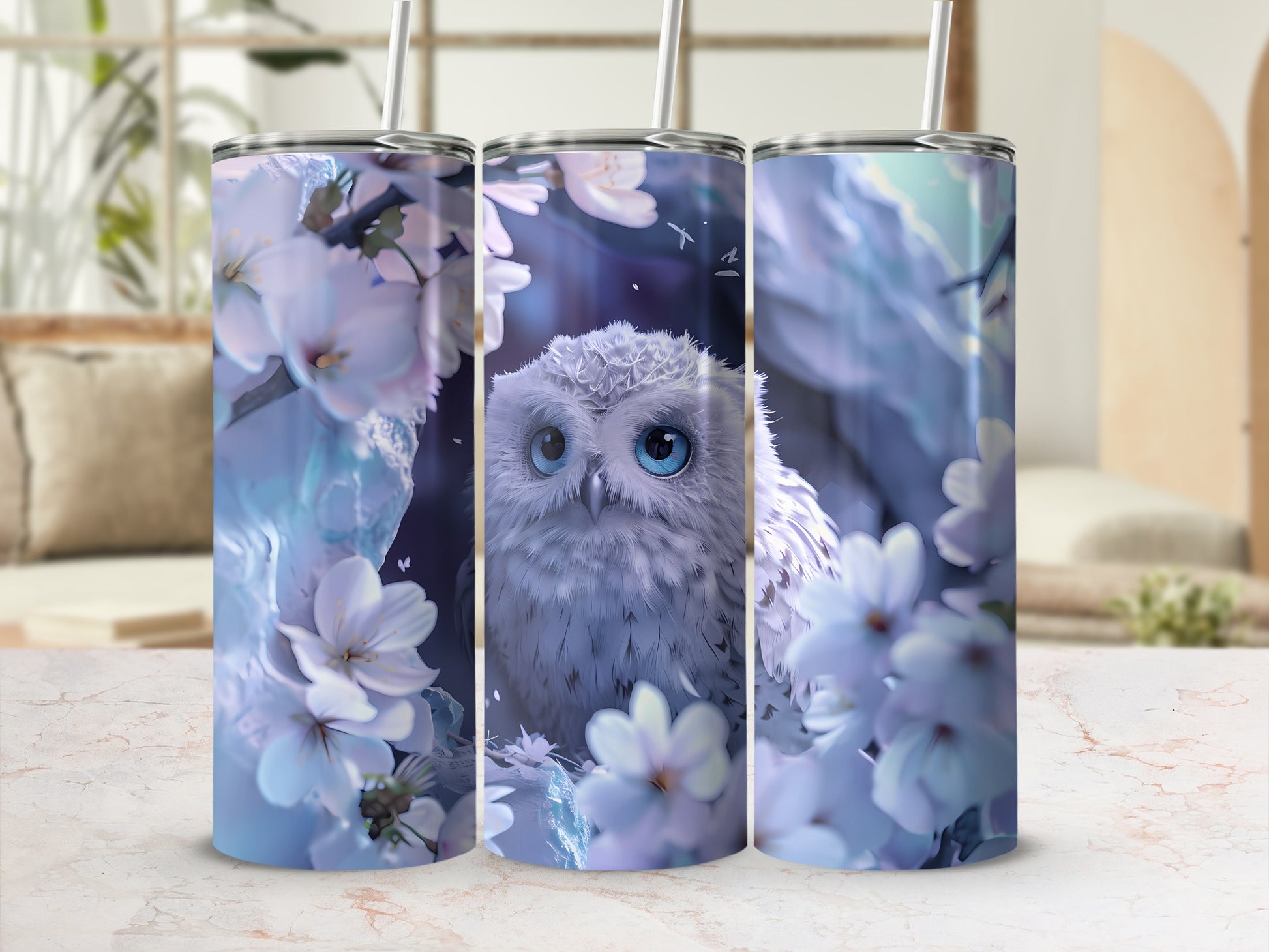 White owl with blue eyes surrounded by white flowers and blue leaves.