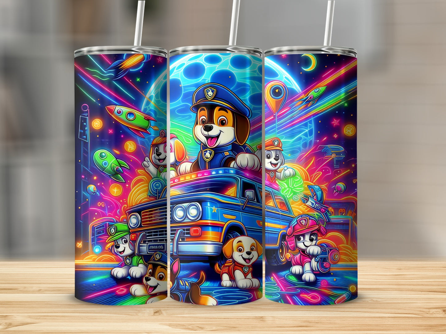 Neon Space Adventure Cartoon Dog Characters Tumbler