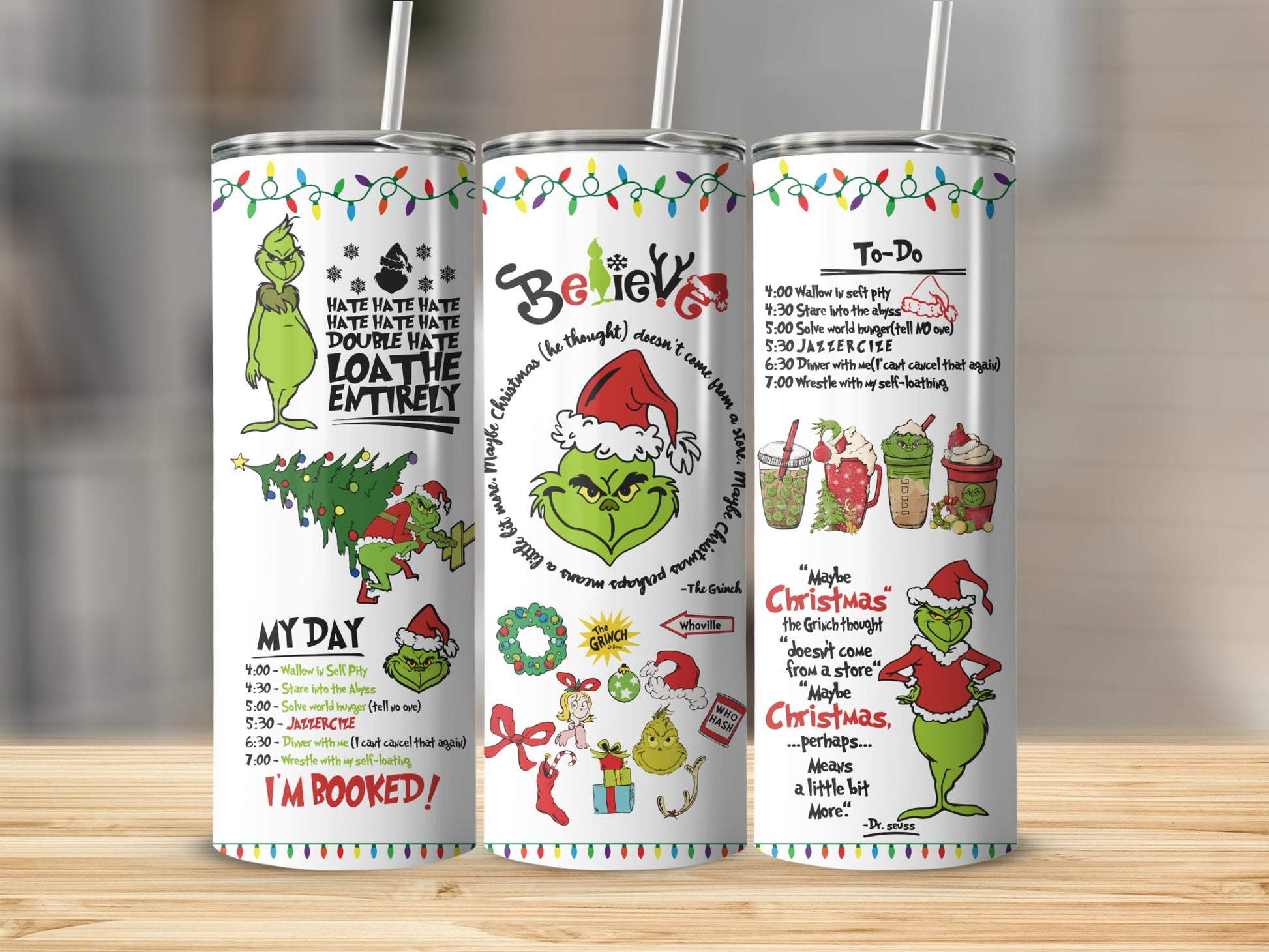 Grinch tumbler with Christmas to-do list and quotes.
