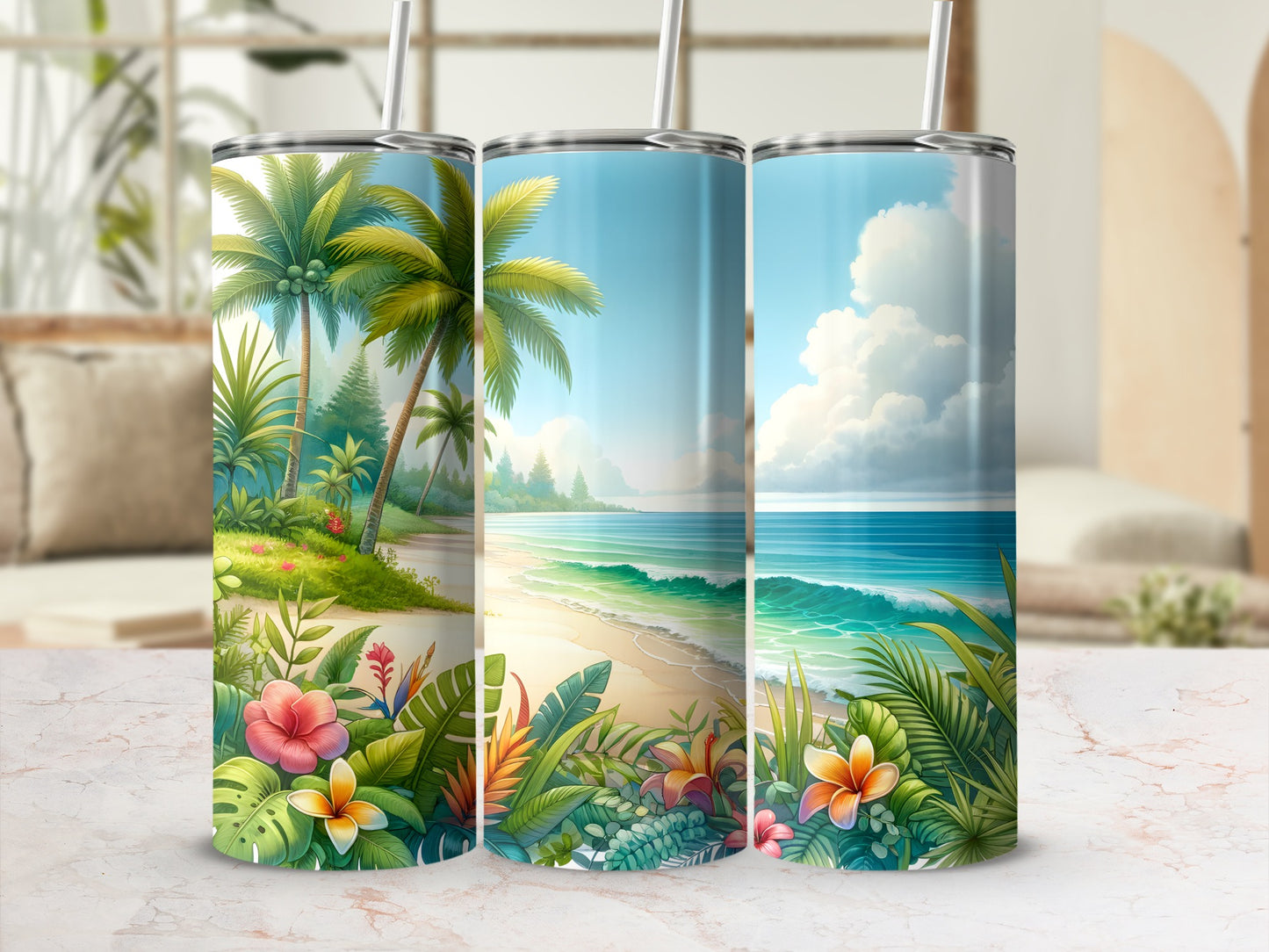 Three tumblers with a tropical beach scene, palm trees, and ocean views.