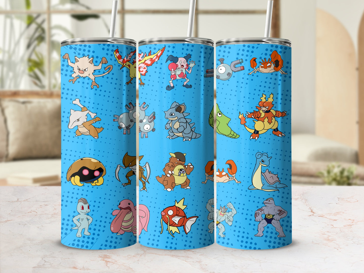 Colorful Animal Characters on Blue Tumbler Cup