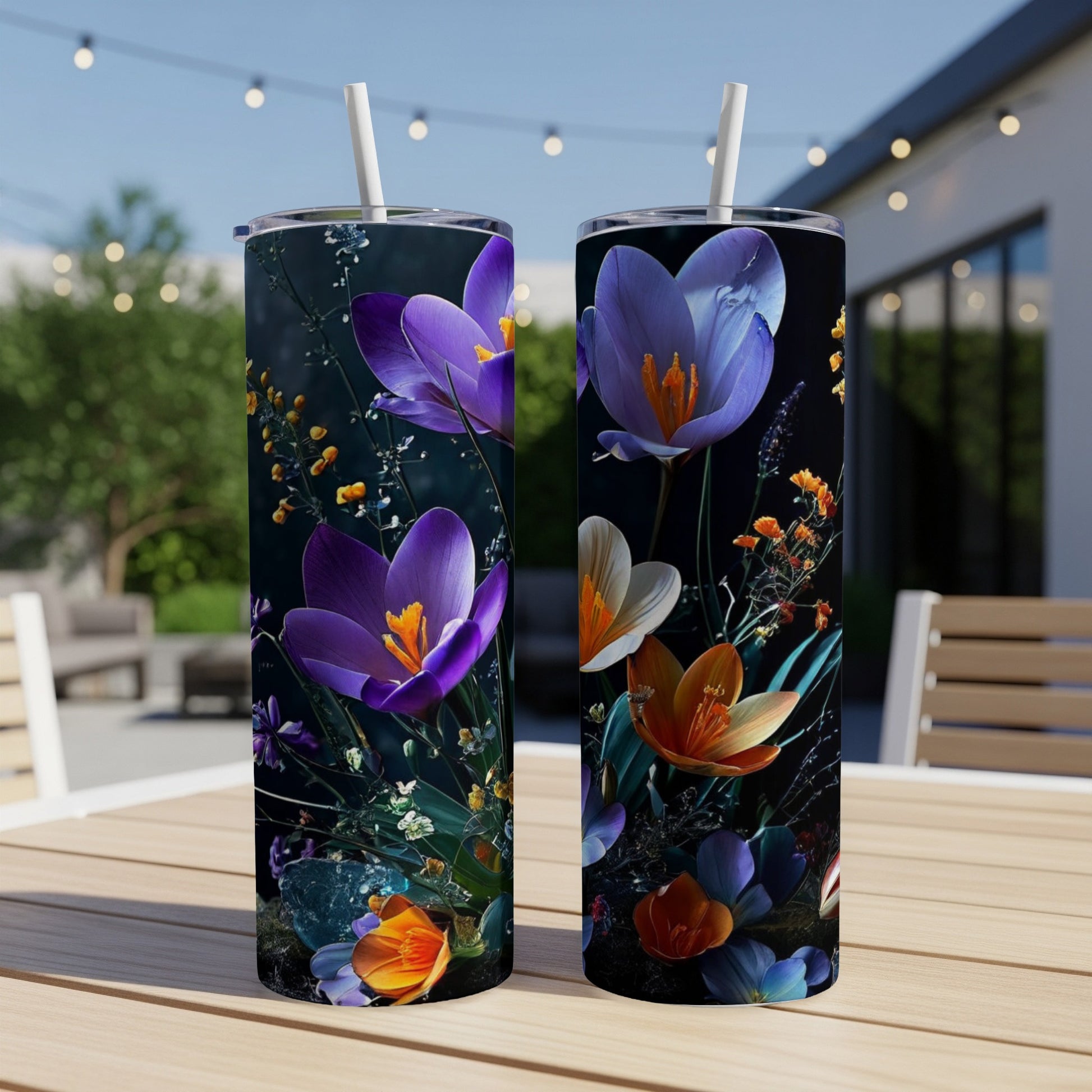 Two tumblers with a dark floral pattern of purple, orange, and blue flowers.