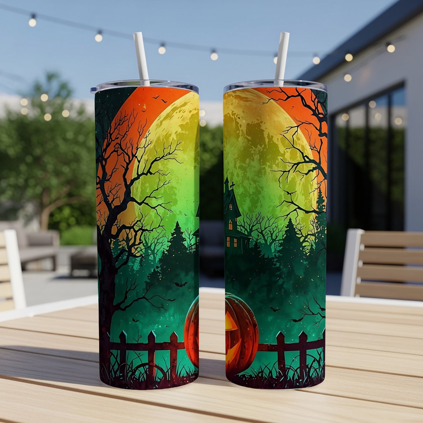 Two tumblers with a Halloween forest scene featuring a haunted house and pumpkin.