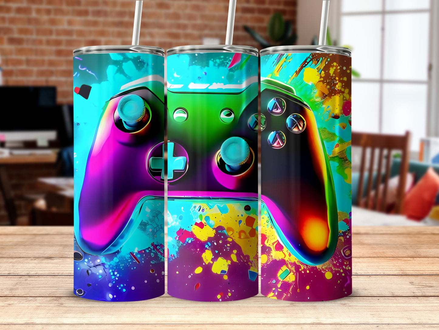 Colorful Gaming Controller Splatter Art Tumbler