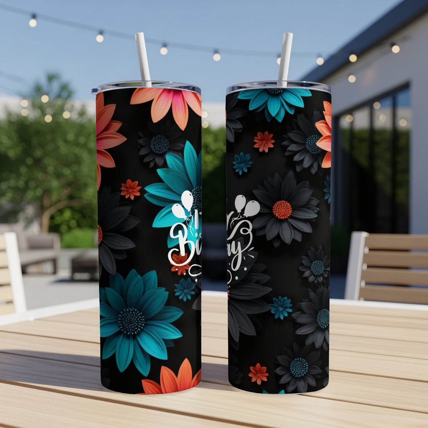 Black tumbler with floral pattern and "Happy Birthday" text.
