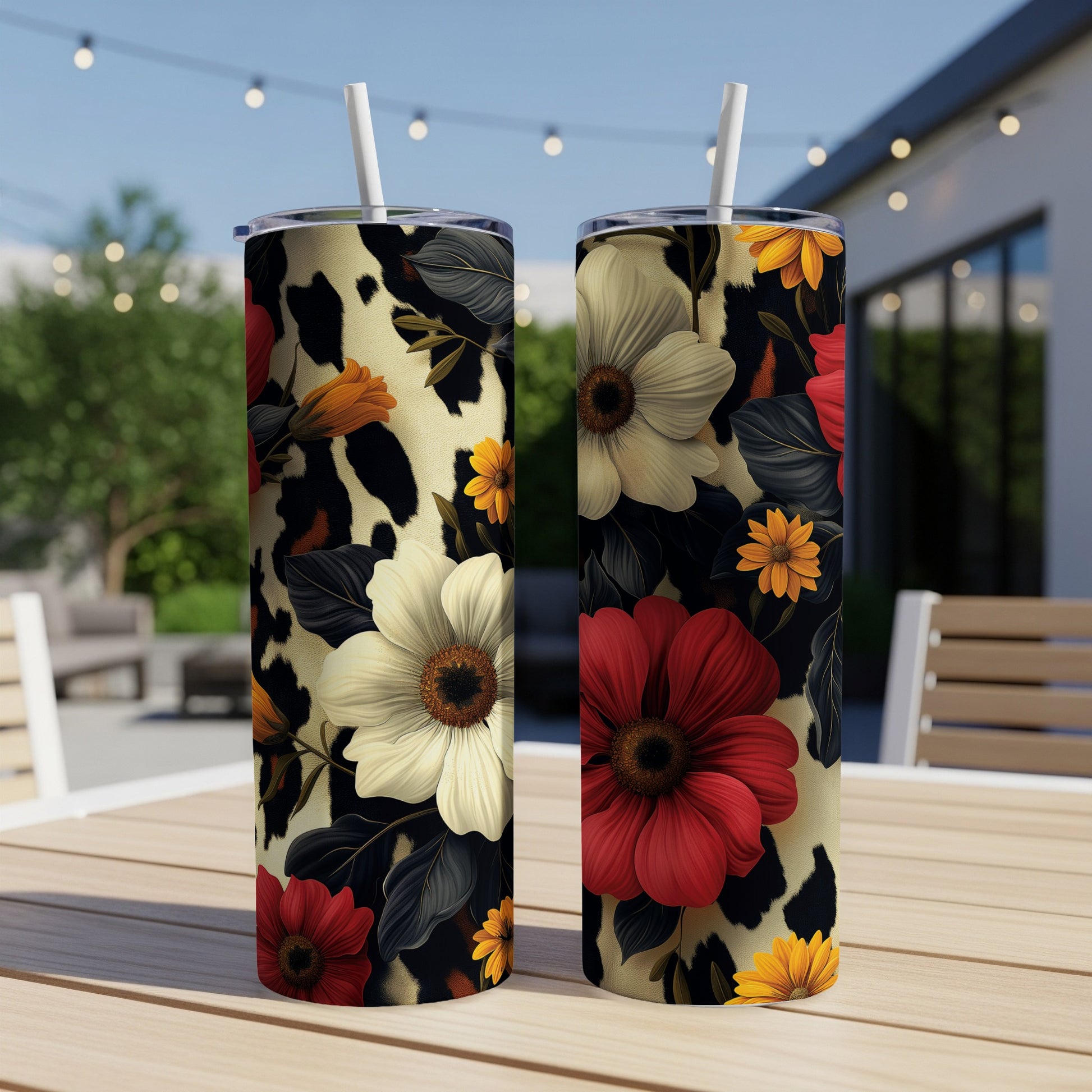 Two tumblers with floral and leopard print patterns on an outdoor table.