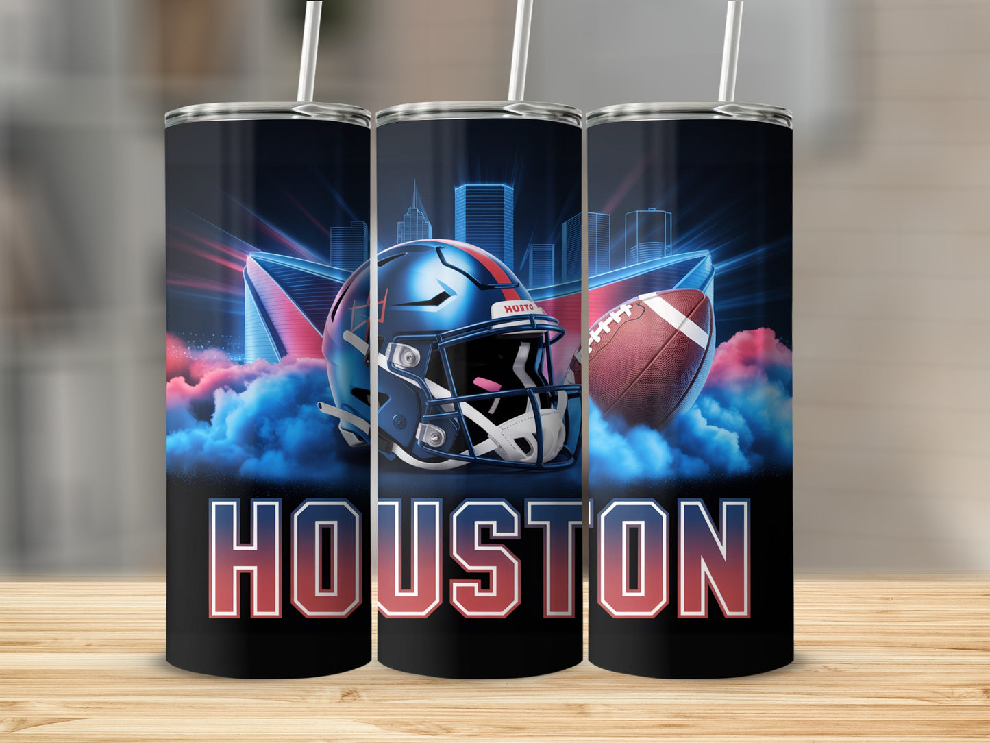 Houston Texans football helmet and ball with city skyline in clouds.