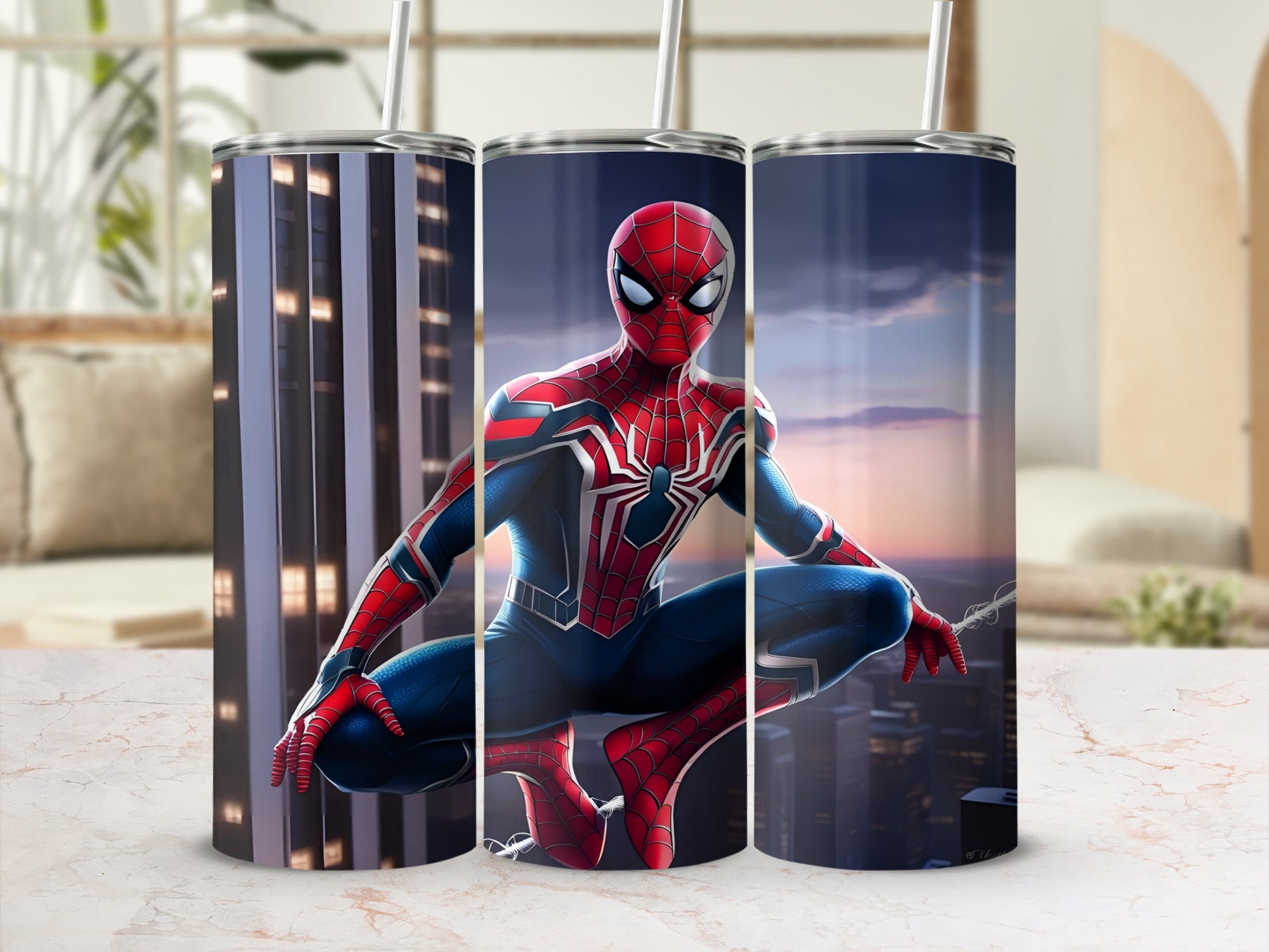Spiderman in a crouched pose against a city skyline, on a tumbler.