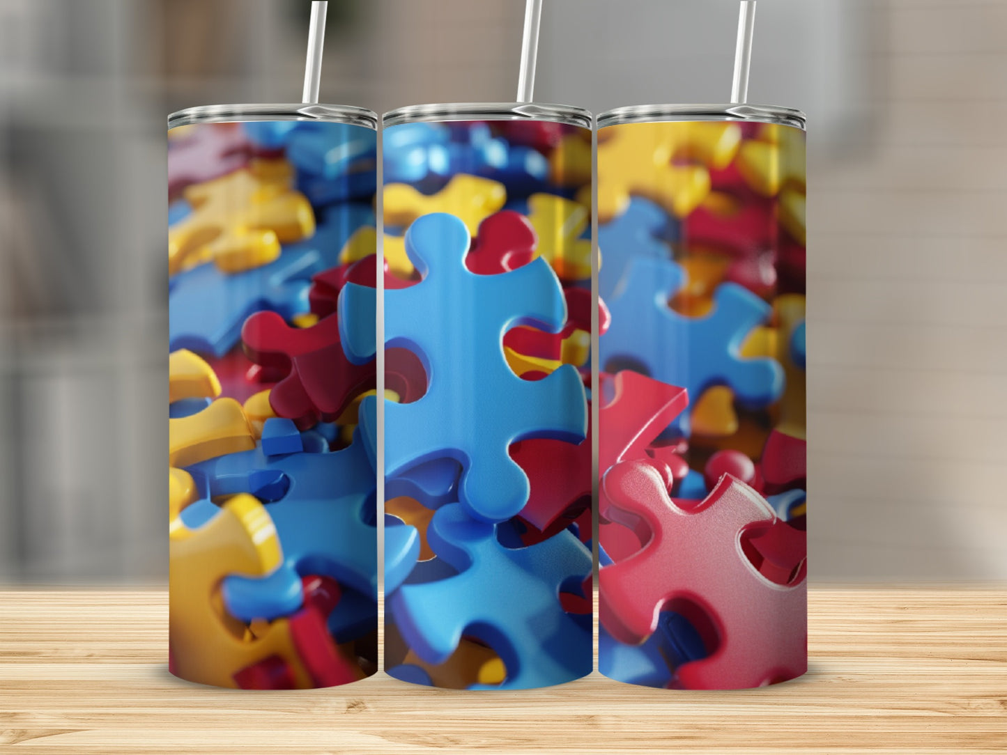 Three tumblers with colorful puzzle pieces, blue, red, and yellow.