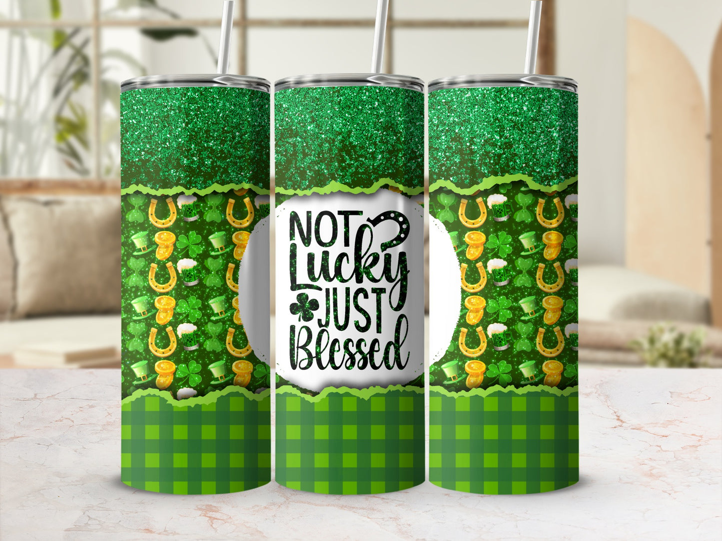 Green glitter tumbler with shamrocks, horseshoes, and "Not Lucky Just Blessed" text.