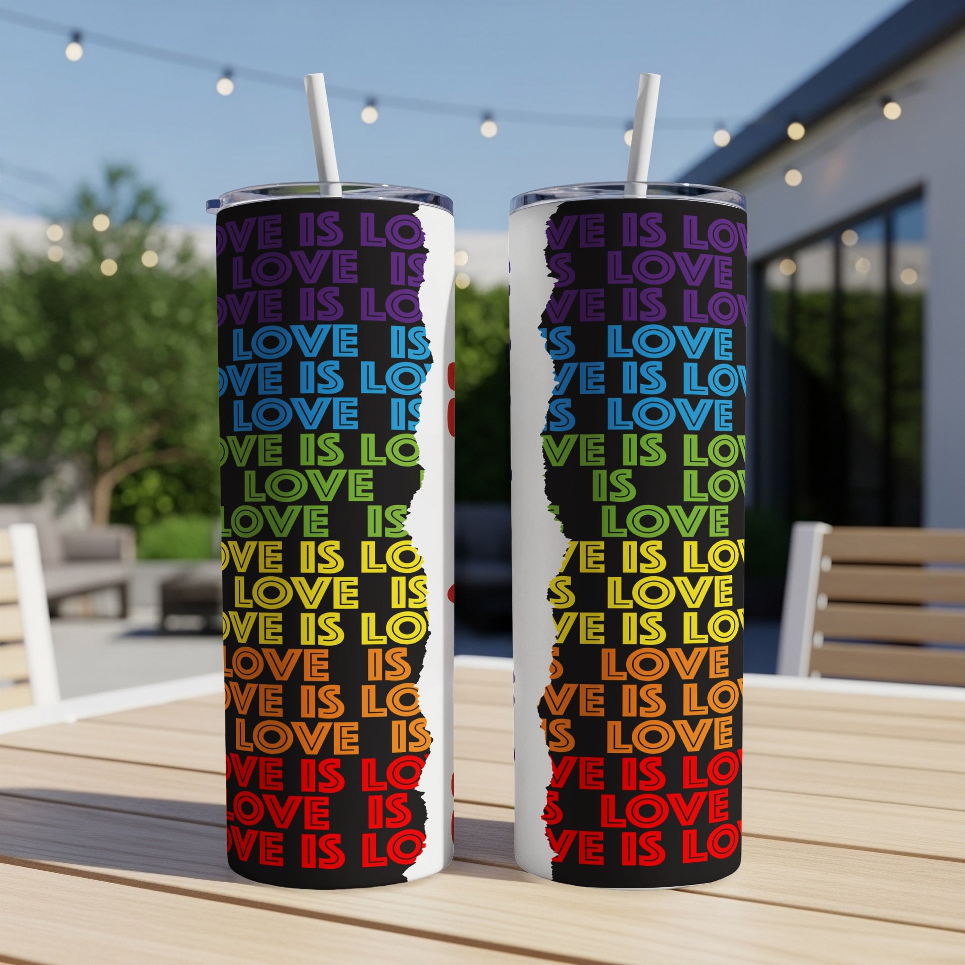 Two tumblers with rainbow "LOVE IS LOVE" text.