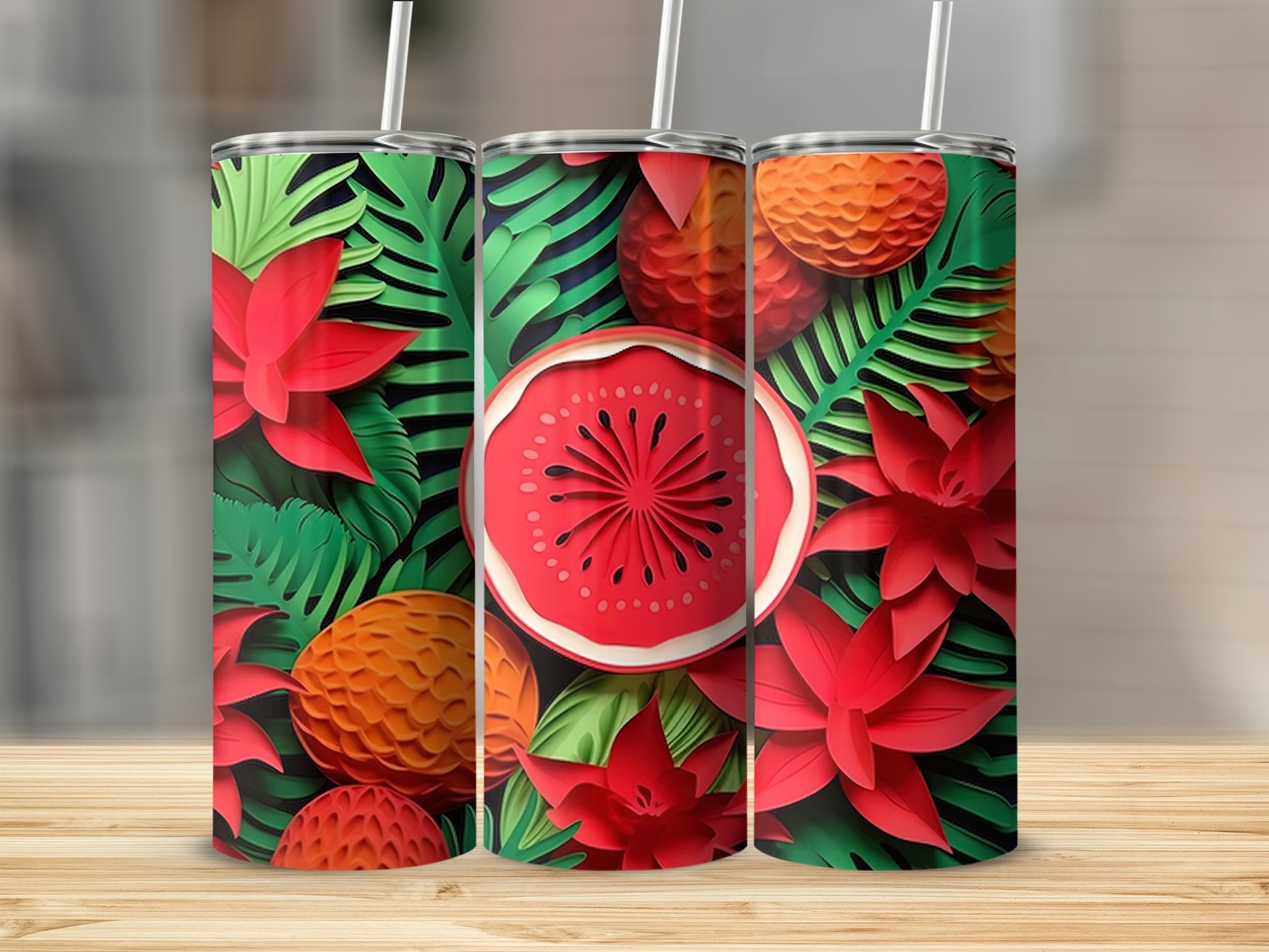 Vibrant Tropical Floral and Fruit Design Tumbler