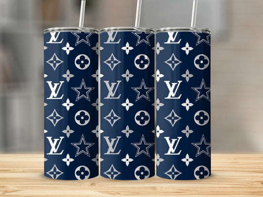 Three navy tumblers with white LV and star pattern and straws.