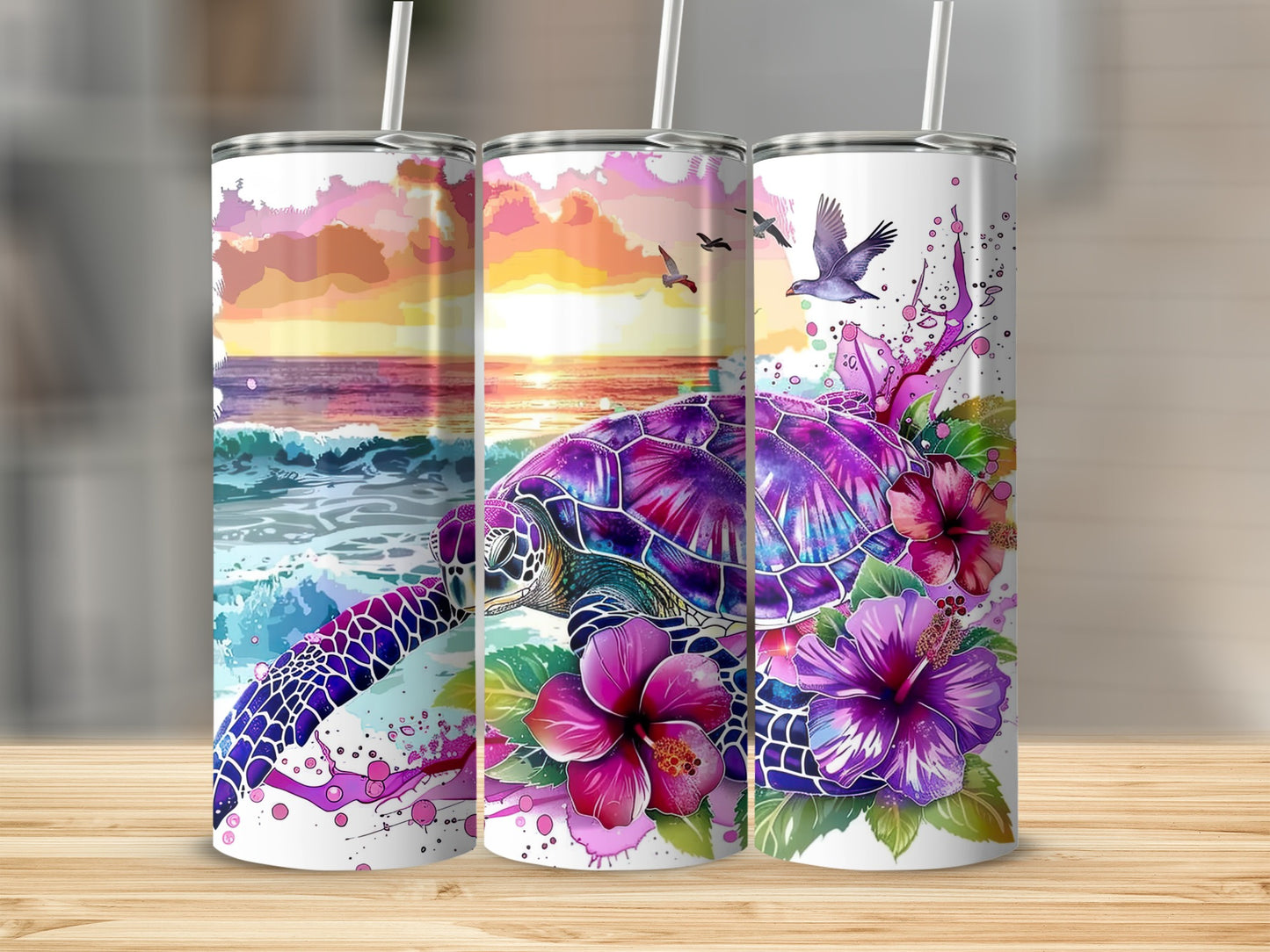 Three tumblers with colorful sea turtle and hibiscus floral designs.