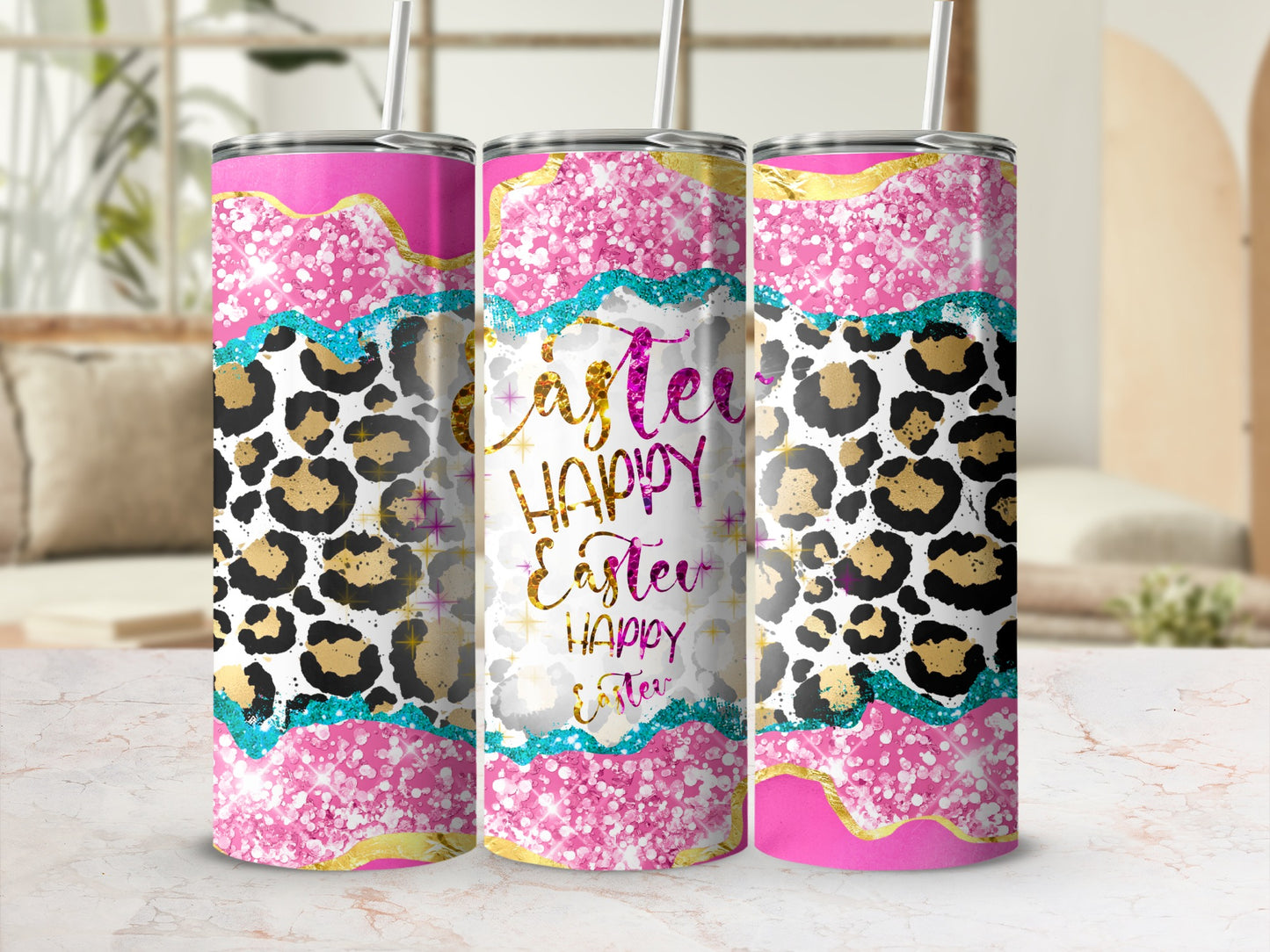 Three tall tumblers with leopard print, glitter, and "Happy Easter" text.