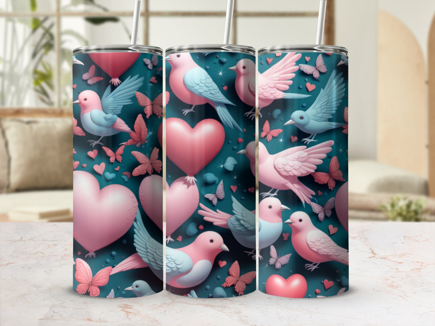 Pink and blue birds and butterflies with hearts pattern on a tumbler.
