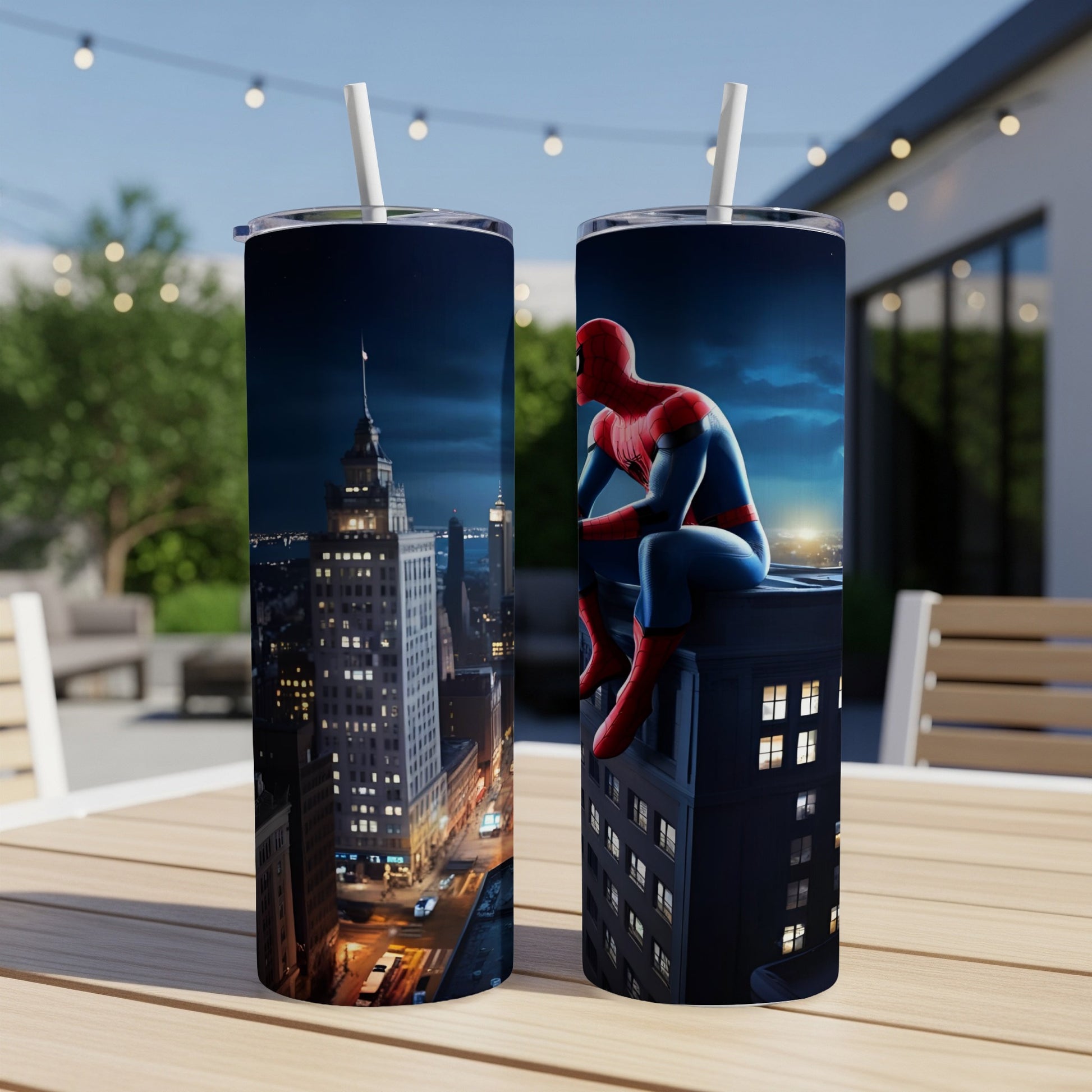 Spiderman sits on a skyscraper overlooking a city at night.