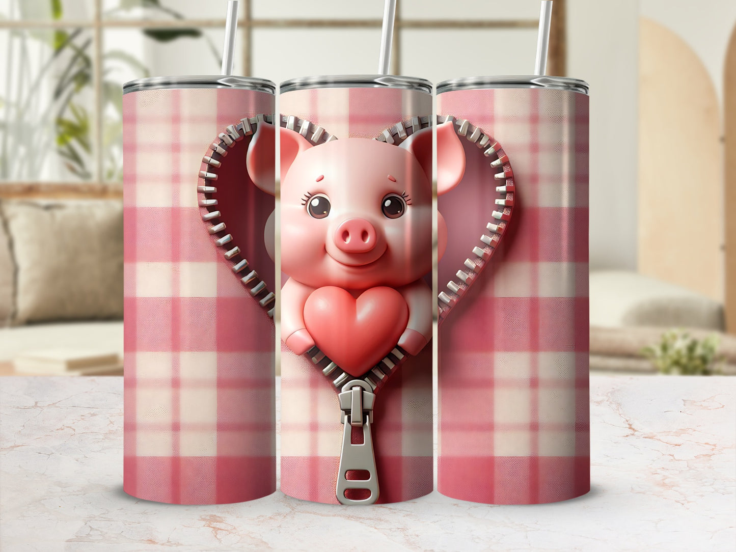 Pink plaid tumbler with a zipper revealing a cute pig holding a heart.