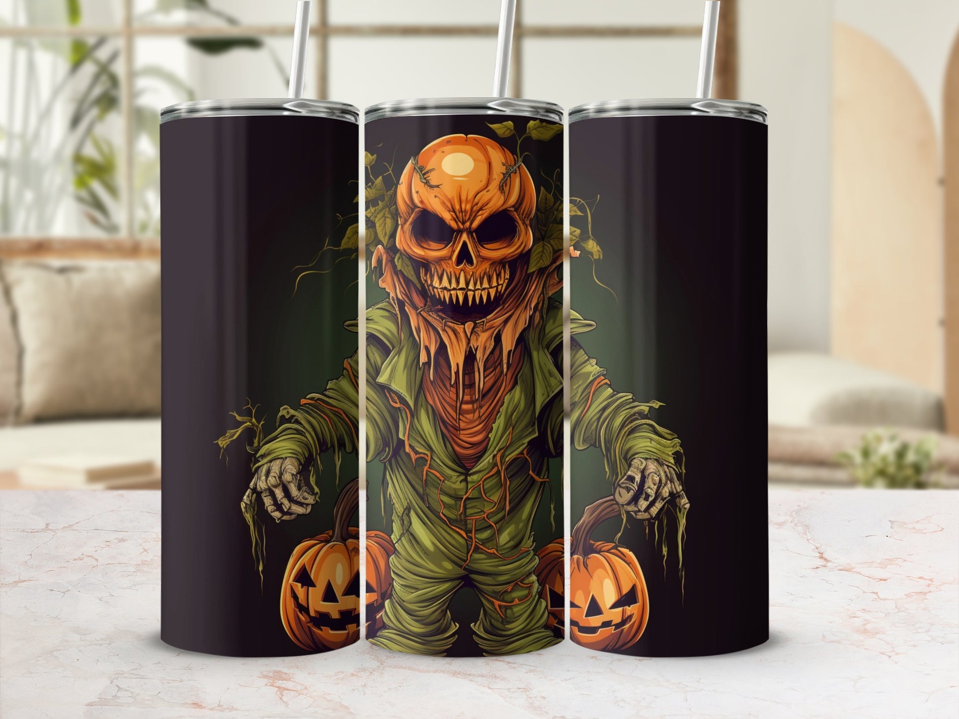 Halloween Pumpkin Scarecrow Design Travel Tumbler Cup