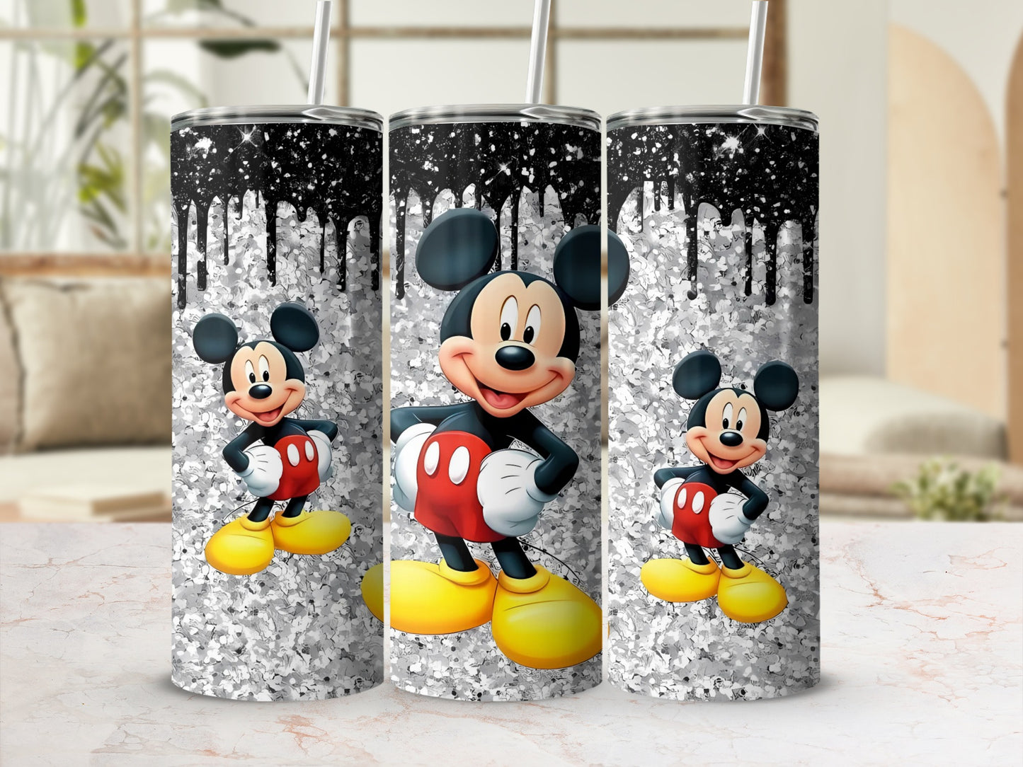 Mickey Mouse Glitter Design Tumbler with Straw