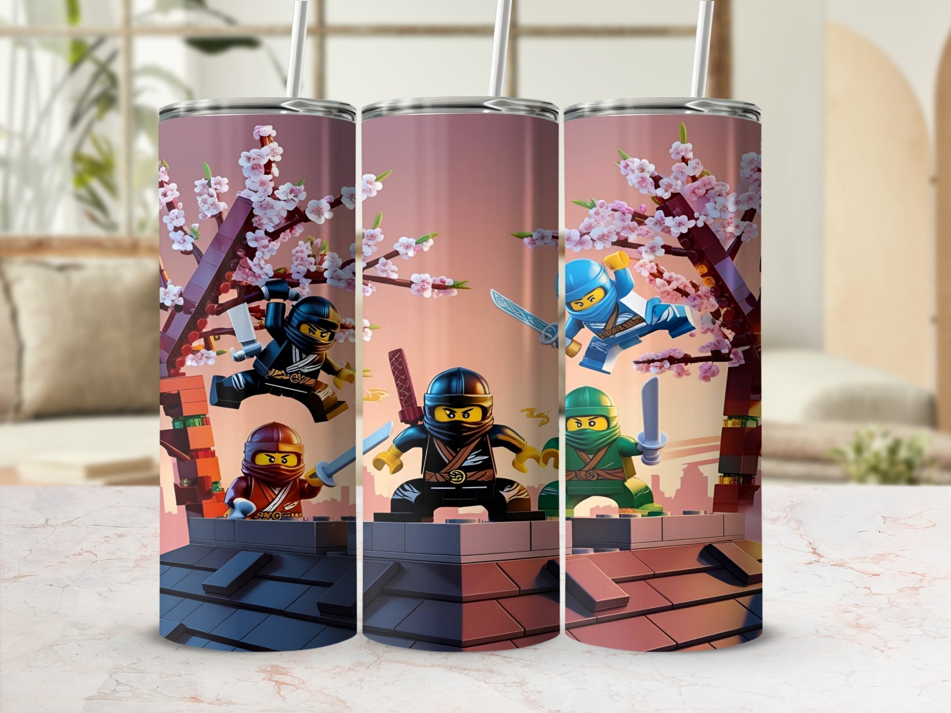 Three tumblers with ninjas and cherry blossoms on a tiled rooftop.
