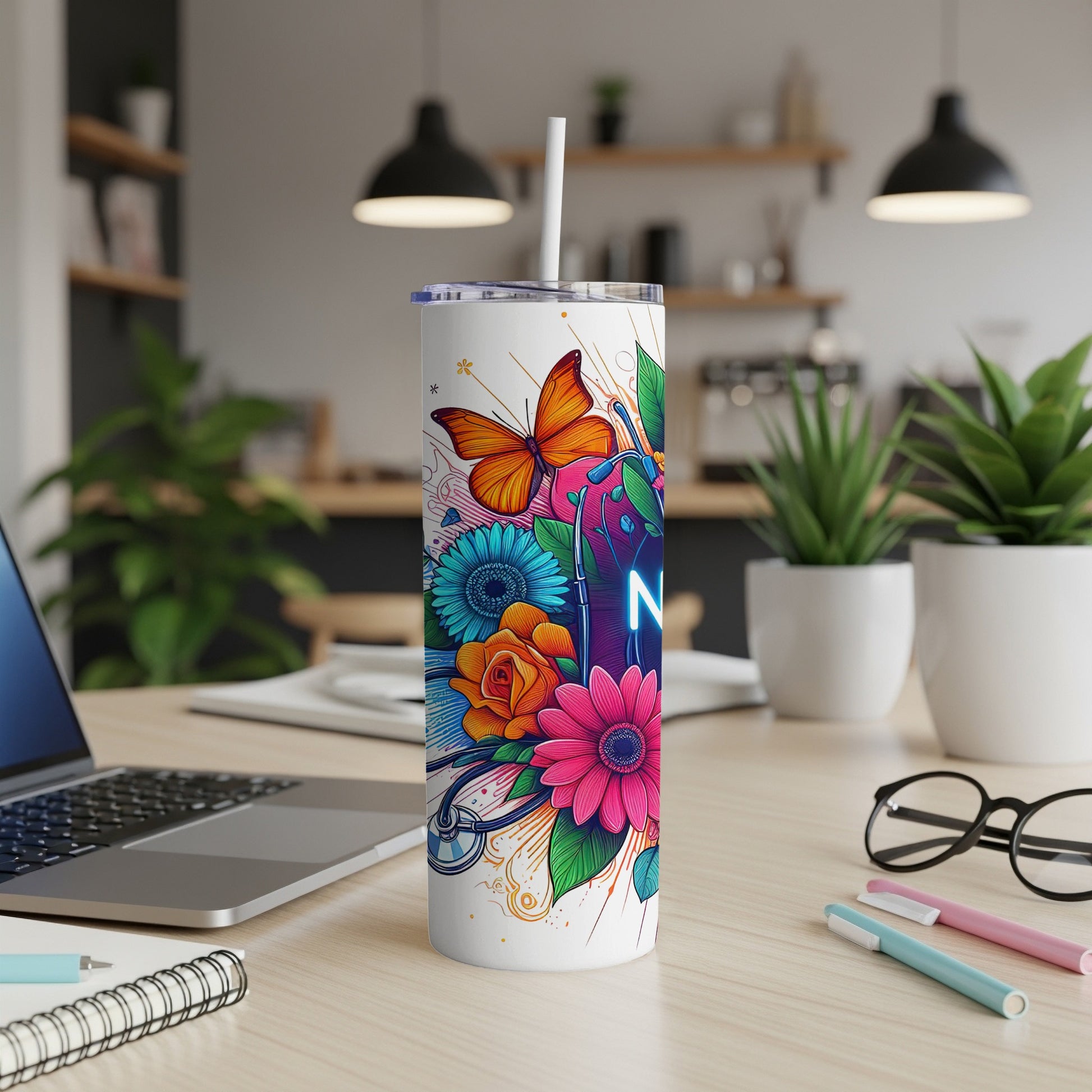 White tumbler with colorful floral and butterfly design, features "RN" neon light graphic.