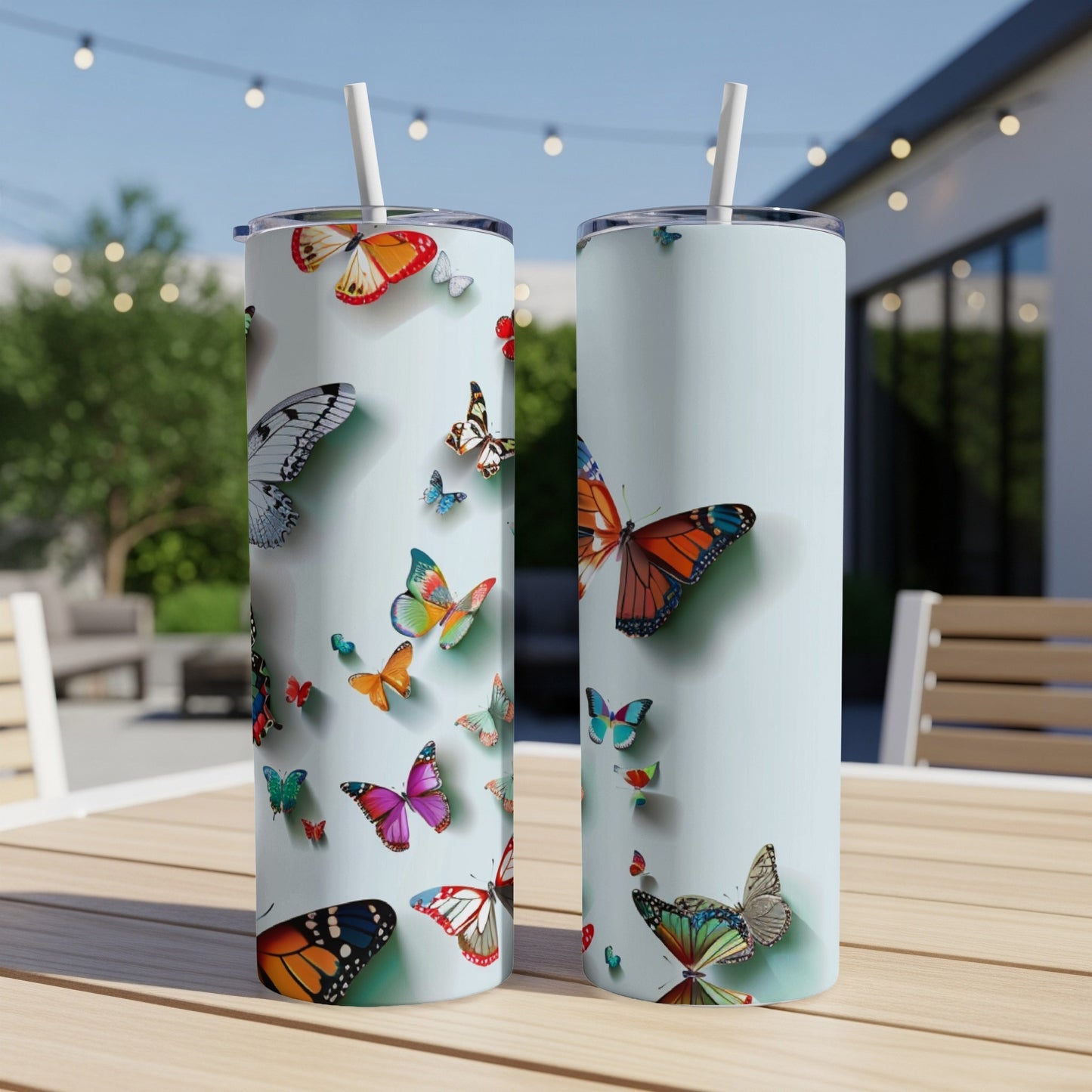 Two tall, light blue tumblers with colorful butterflies and a straw.