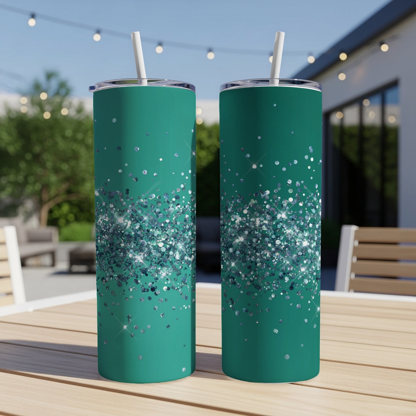 Two teal tumblers with glitter effect stand on a wooden table.