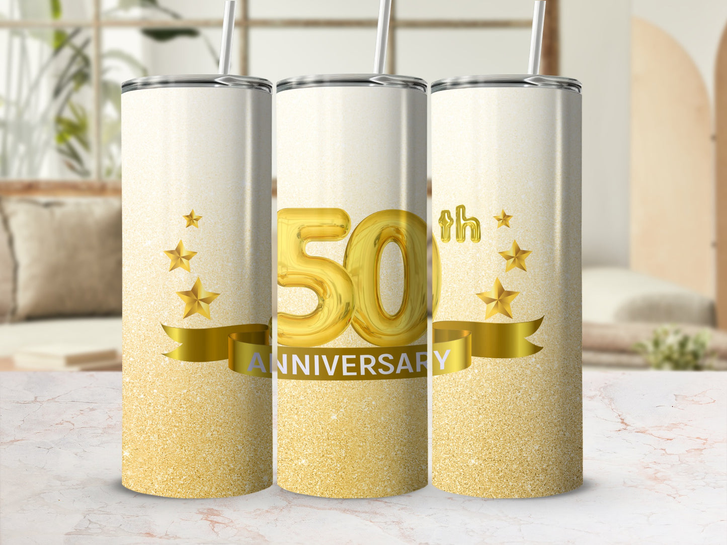 50th Anniversary gold glitter tumbler with stars and ribbon.