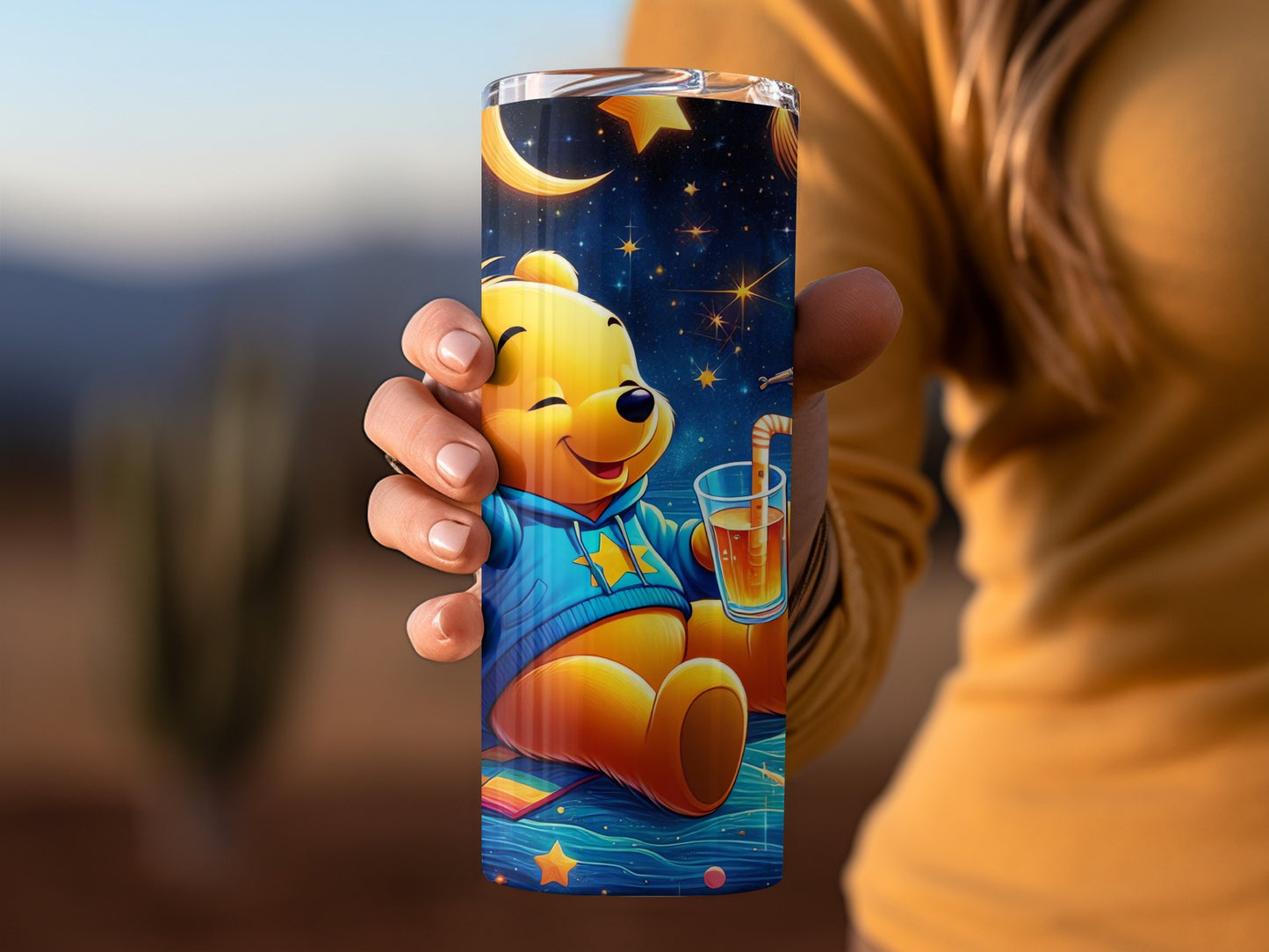 Cartoon Bear In Starry Universe Drinking Juice Tumblers