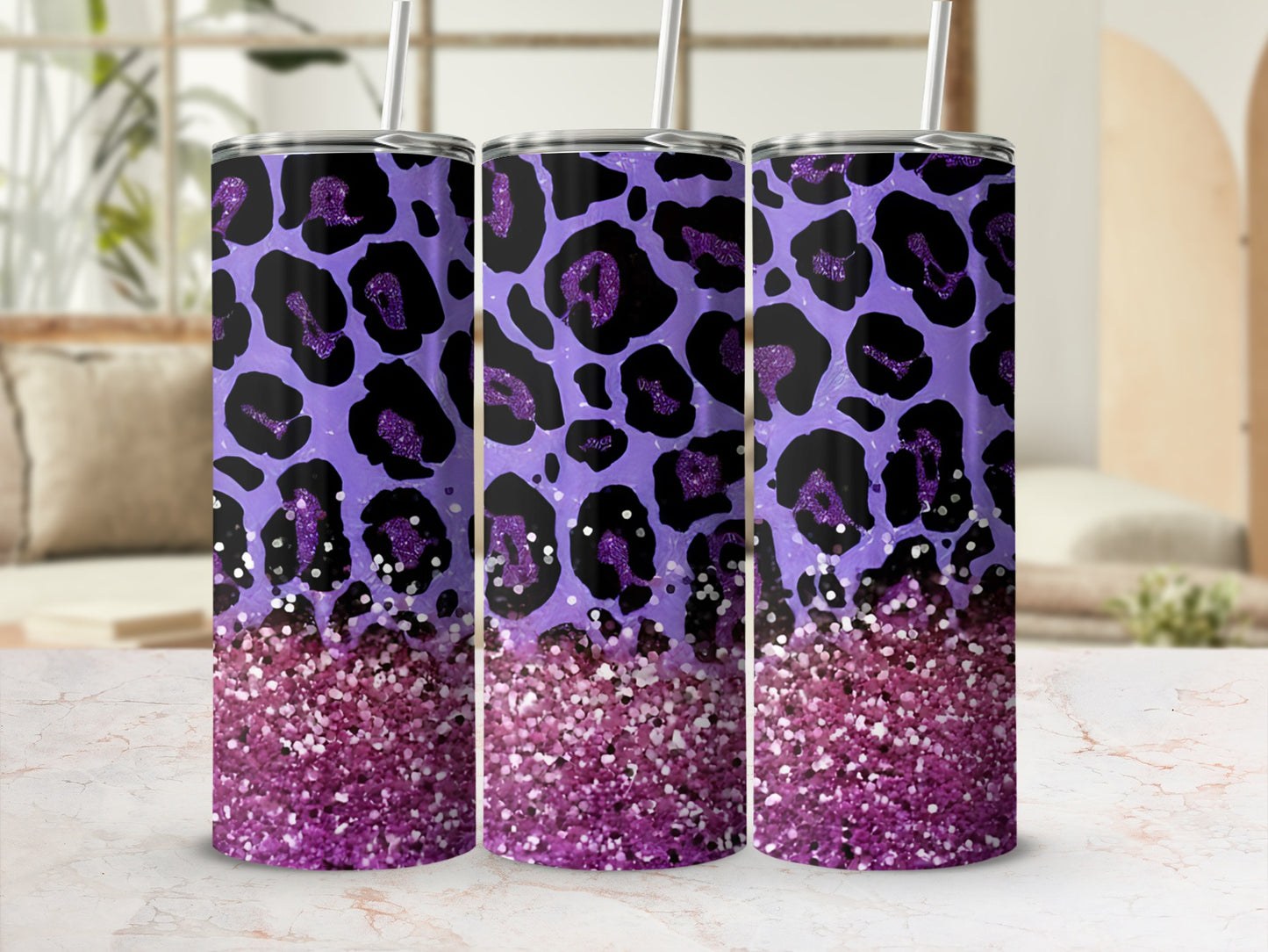 Purple leopard print tumbler with glitter bottom.